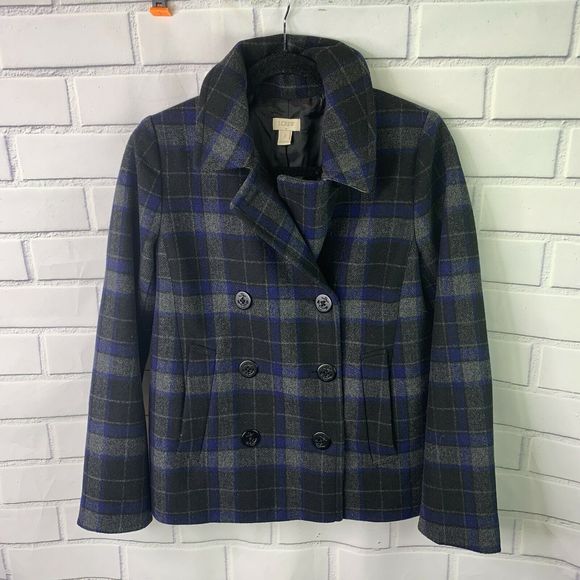 J. Crew Green Plaid Pea Coat 2 Double Breasted - Picture 4 of 7